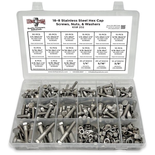Boltsandnuts.Com Inch 18-8 Stainless Steel Hex Cap Screws, Hex Nuts, Flat & Lock Washers - 380 PCS Assortment Kit #202 - main